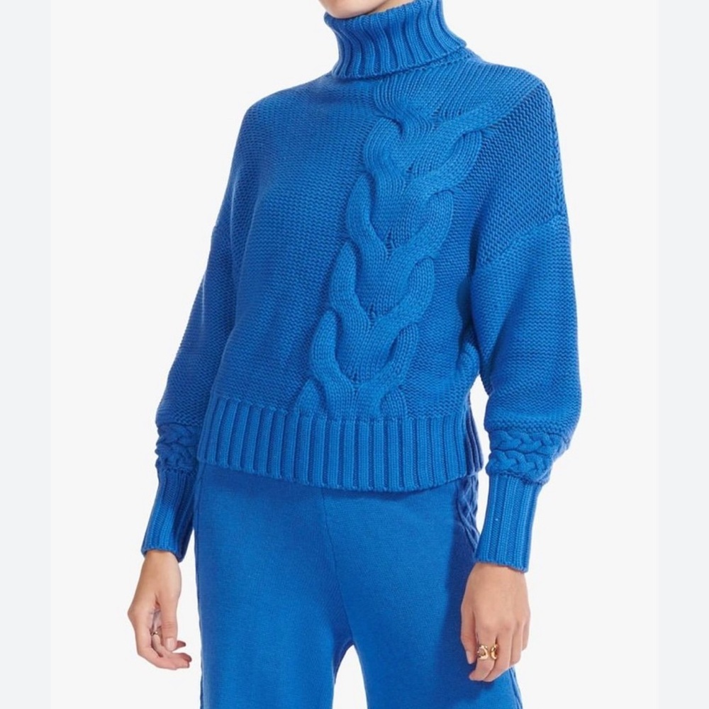 STAUD Blue Cable Knit Turtleneck Sweater and pants set